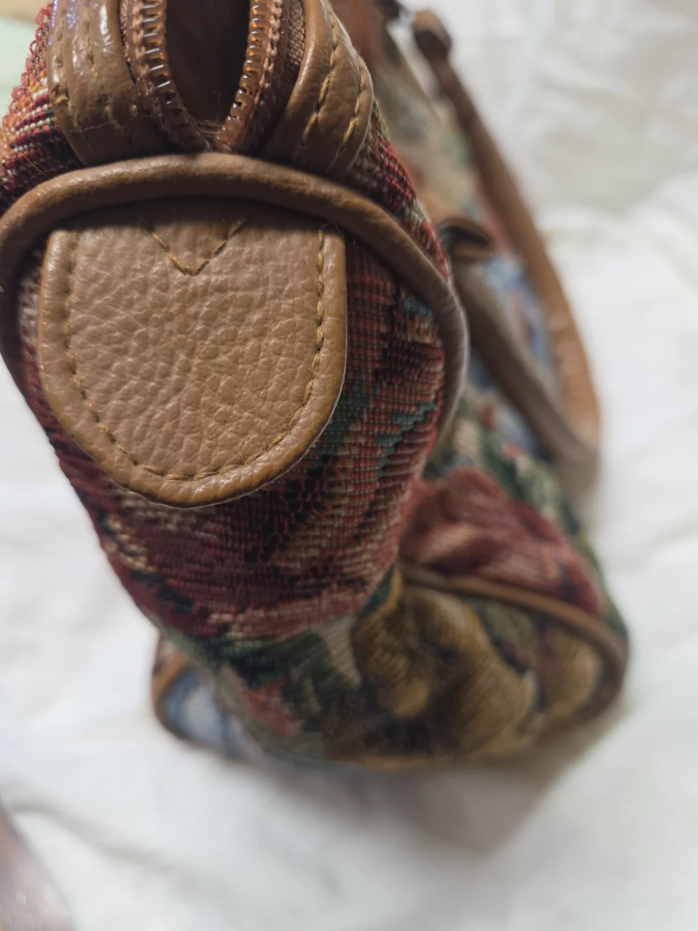 Tapestry Floral Satchel Handbag with Brown Leather Handles